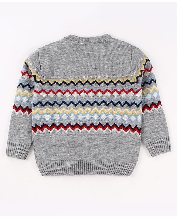 Babyhug Knit Full Sleeves Pullover Sweater with Aztec Design - Grey