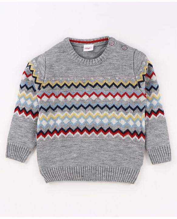 Babyhug Knit Full Sleeves Pullover Sweater with Aztec Design - Grey