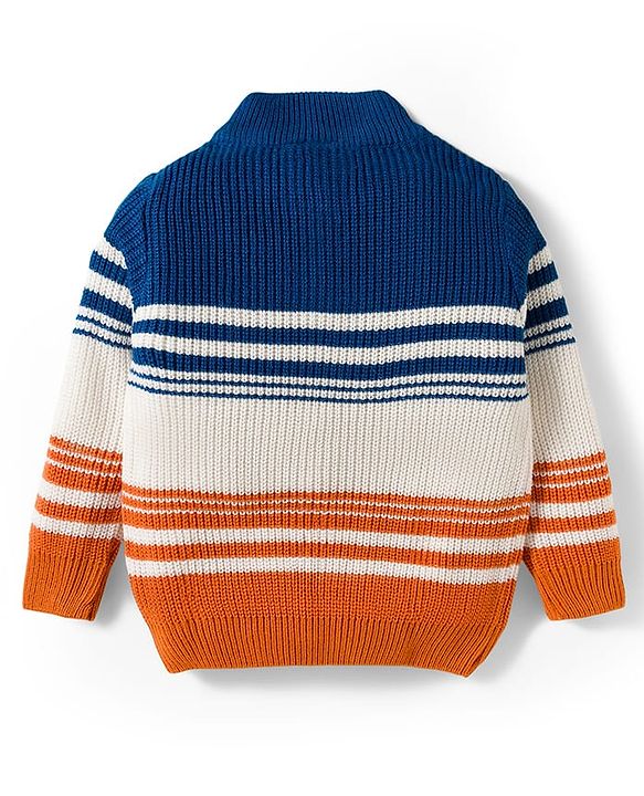 Babyhug Knit Full Sleeves Pullover Sweater with Stripe Design - Navy Blue White & Orange