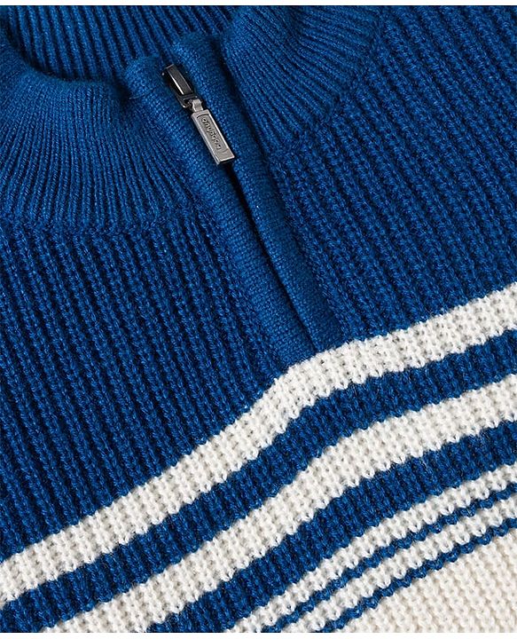 Babyhug Knit Full Sleeves Pullover Sweater with Stripe Design - Navy Blue White & Orange