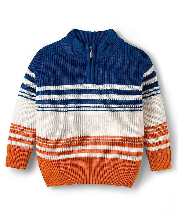 Babyhug Knit Full Sleeves Pullover Sweater with Stripe Design - Navy Blue White & Orange