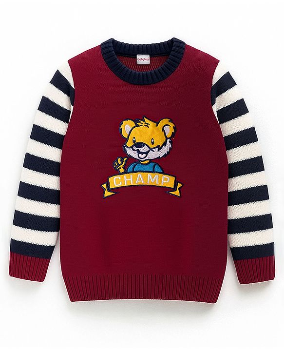 Babyhug Knitted Full Sleeves Pullover Sweater With Animal Embroidery - Dark Red