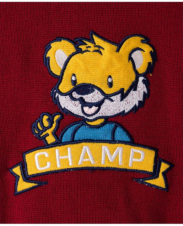 Babyhug Knitted Full Sleeves Pullover Sweater With Animal Embroidery - Dark Red