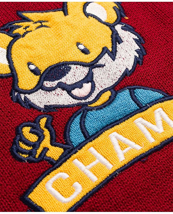 Babyhug Knitted Full Sleeves Pullover Sweater With Animal Embroidery - Dark Red