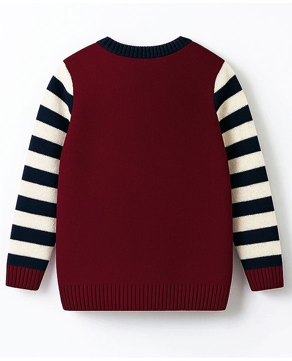 Babyhug Knitted Full Sleeves Pullover Sweater With Animal Embroidery - Dark Red