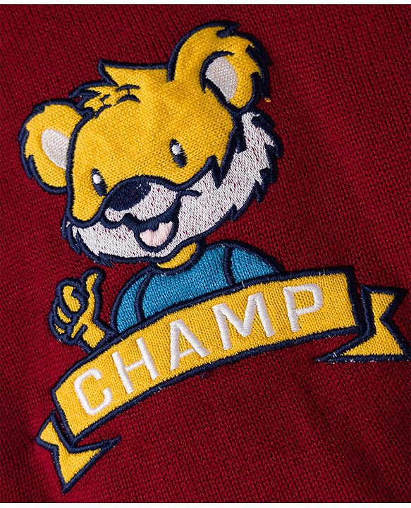 Babyhug Knitted Full Sleeves Pullover Sweater With Animal Embroidery - Dark Red