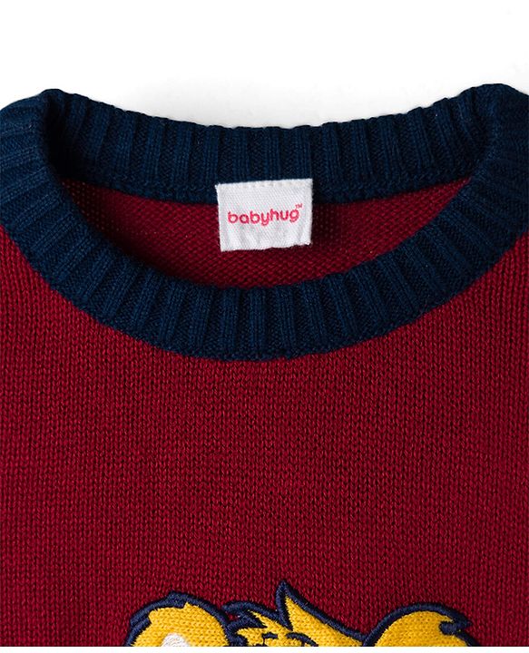 Babyhug Knitted Full Sleeves Pullover Sweater With Animal Embroidery - Dark Red