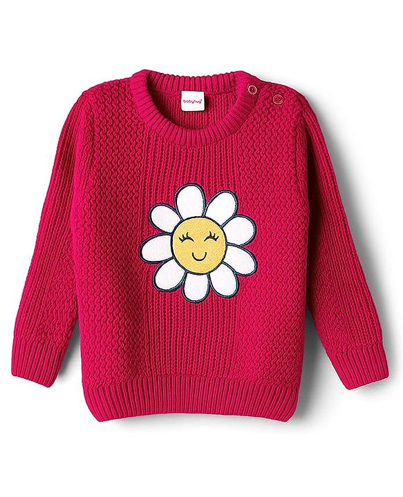 Babyhug Knit Full Sleeves Pullover Sweater with Floral Embroidery - Dark Pink