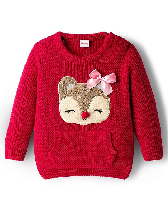 Babyhug Knit Full Sleeves Pullover With Reindeer & Bow Applique and Kangaroo Pocket - Dark Pink