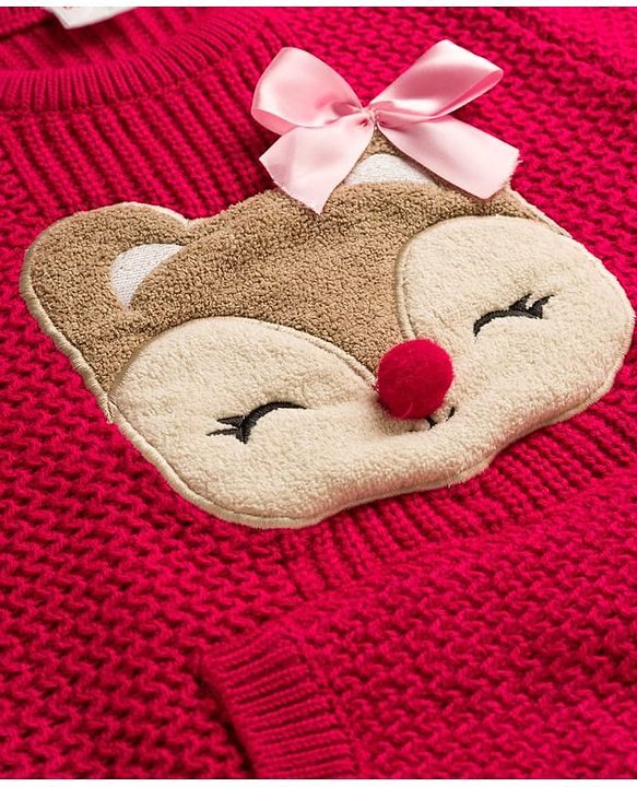 Babyhug Knit Full Sleeves Pullover With Reindeer & Bow Applique and Kangaroo Pocket - Dark Pink
