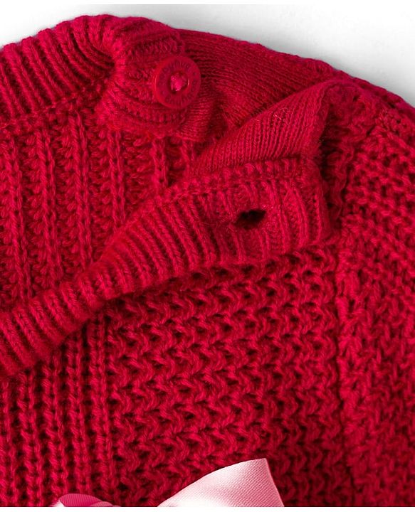 Babyhug Knit Full Sleeves Pullover With Reindeer & Bow Applique and Kangaroo Pocket - Dark Pink