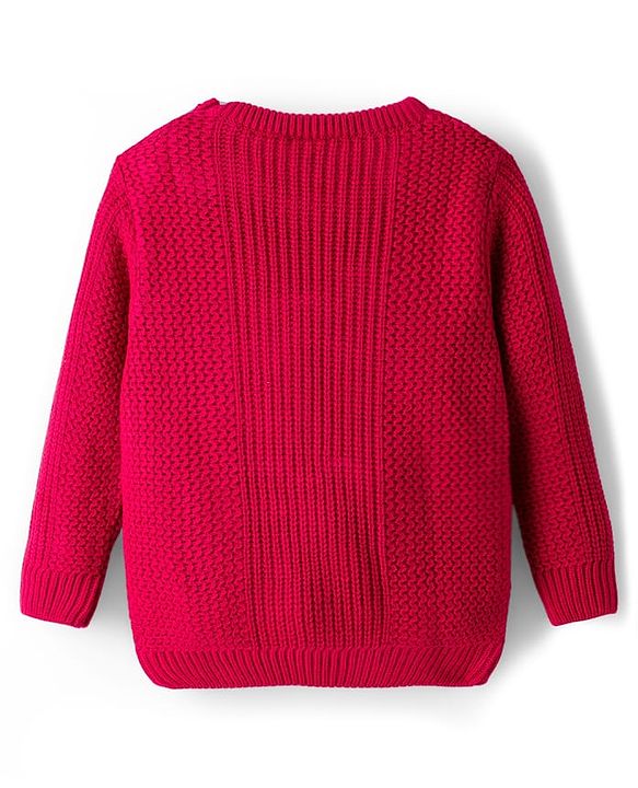 Babyhug Knit Full Sleeves Pullover With Reindeer & Bow Applique and Kangaroo Pocket - Dark Pink