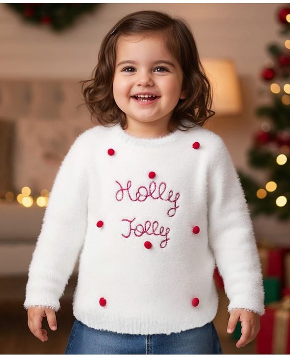 Babyhug Knit Full Sleeves Extra Soft Hairy Yarn Pullover Sweater with Text Embroidery - White