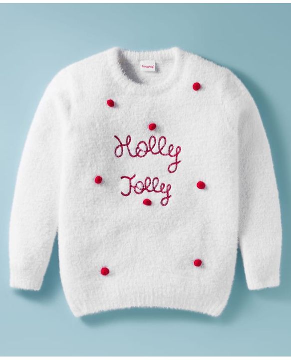 Babyhug Knit Full Sleeves Extra Soft Hairy Yarn Pullover Sweater with Text Embroidery - White