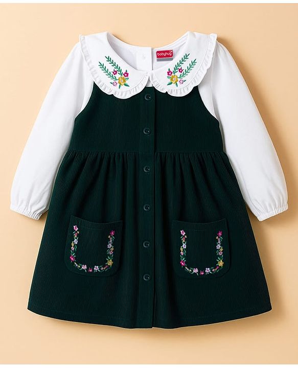 Babyhug Cotton Woven Full Sleeves Frock With Inner Tee & Floral Embroidery - Green