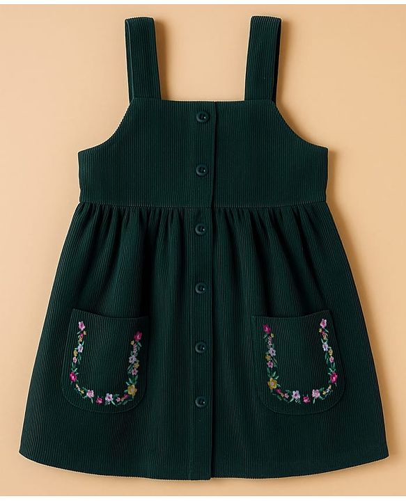 Babyhug Cotton Woven Full Sleeves Frock With Inner Tee & Floral Embroidery - Green