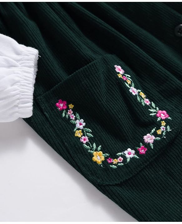 Babyhug Cotton Woven Full Sleeves Frock With Inner Tee & Floral Embroidery - Green