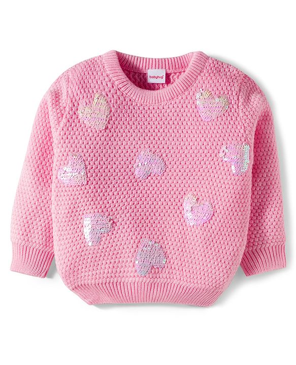 Babyhug Full Sleeves Pullover Sweater with Sequin Heart Design - Pink