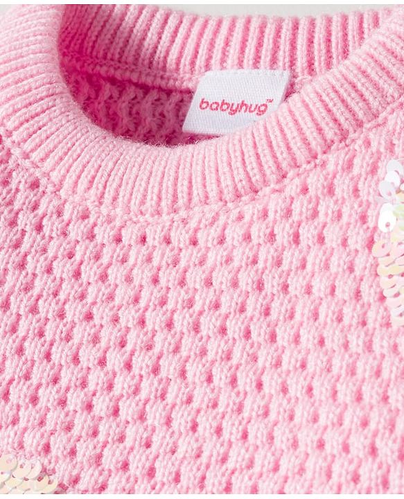 Babyhug Full Sleeves Pullover Sweater with Sequin Heart Design - Pink