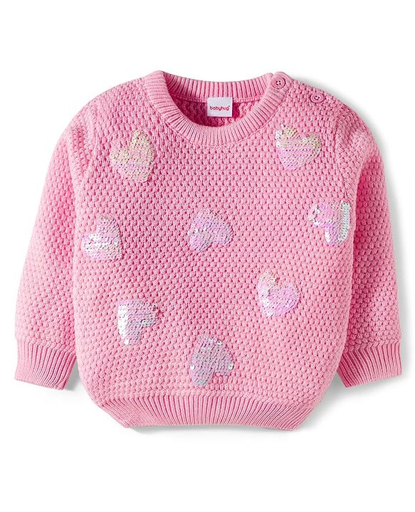 Babyhug Full Sleeves Pullover Sweater with Sequin Heart Design - Pink