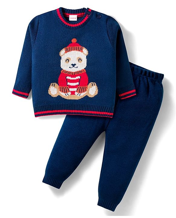 Babyhug Knitted Full Sleeves Sweater Set With Teddy Bear Design - Navy Blue