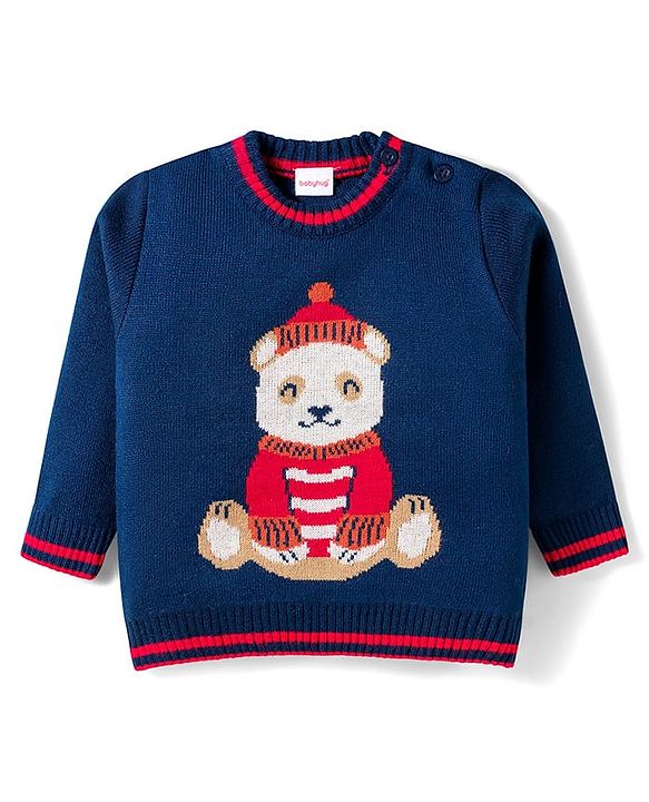 Babyhug Knitted Full Sleeves Sweater Set With Teddy Bear Design - Navy Blue