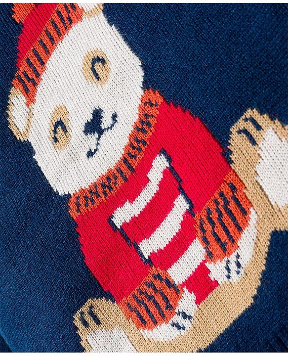 Babyhug Knitted Full Sleeves Sweater Set With Teddy Bear Design - Navy Blue