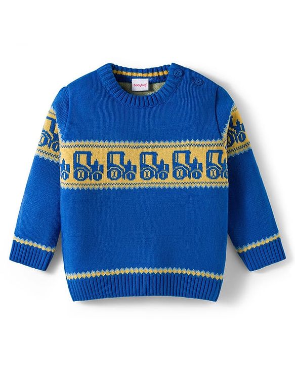 Babyhug Knitted Full Sleeves Sweater Set With Tractor Design - Royal Blue