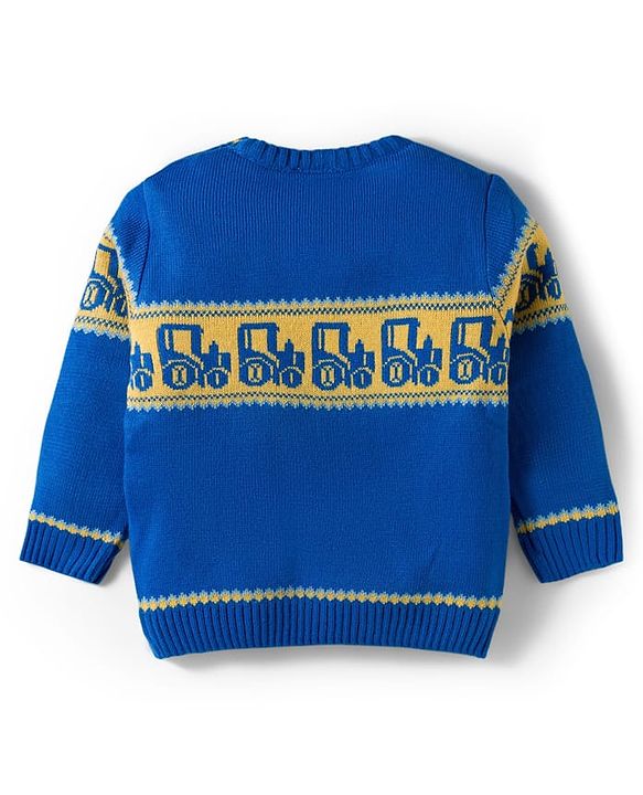 Babyhug Knitted Full Sleeves Sweater Set With Tractor Design - Royal Blue