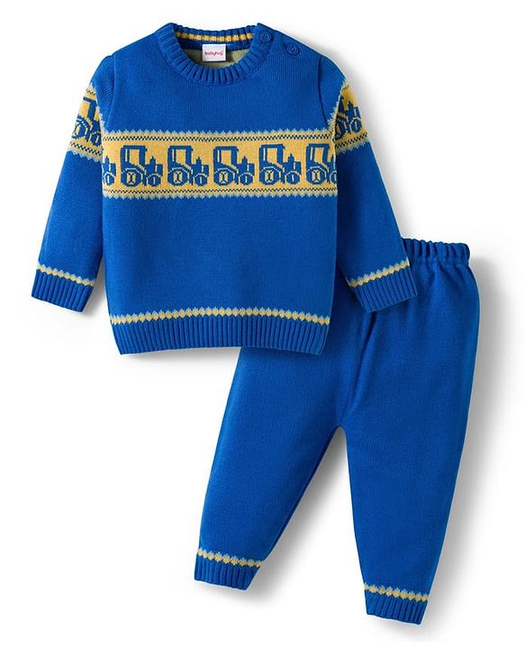 Babyhug Knitted Full Sleeves Sweater Set With Tractor Design - Royal Blue