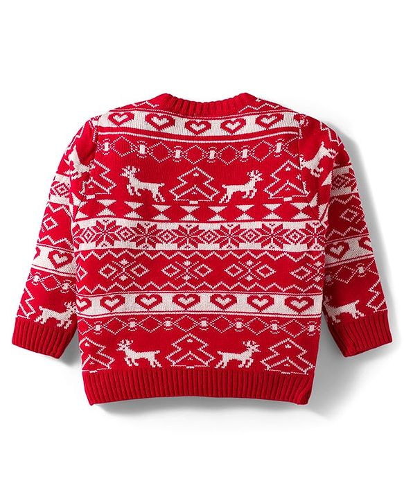 Babyhug Knit Full Sleeves Sweater Set With Deer Design - Red