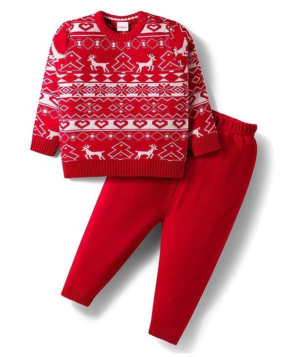 Babyhug Knit Full Sleeves Sweater Set With Deer Design - Red
