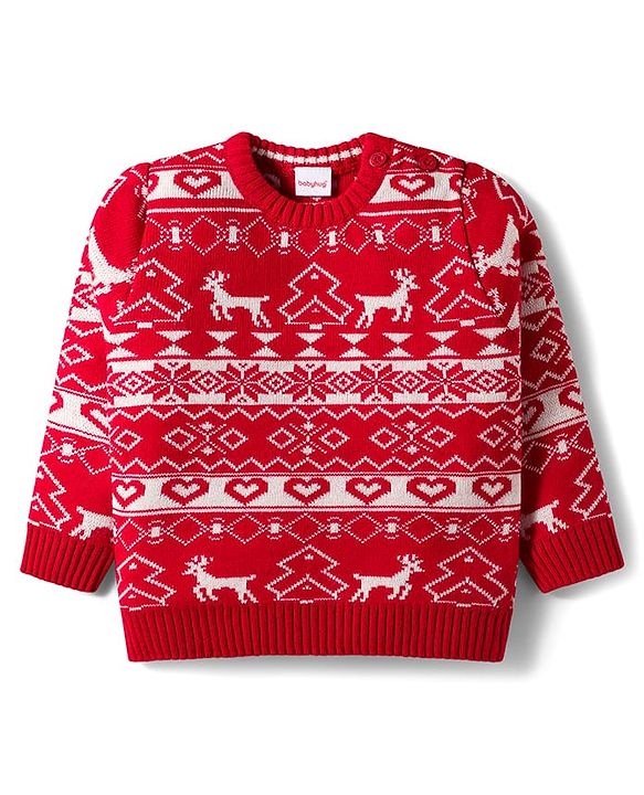 Babyhug Knit Full Sleeves Sweater Set With Deer Design - Red