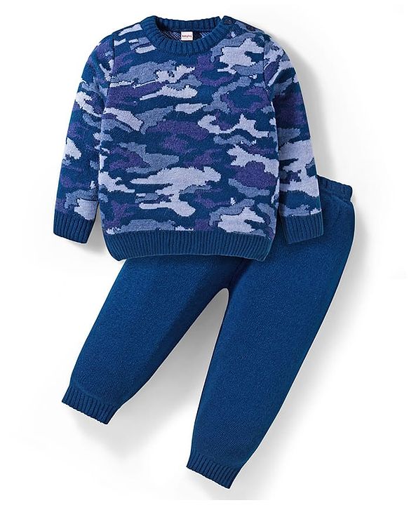 Babyhug Knit Full Sleeves Pullover Sweater Set with Camouflage Design - Navy Blue