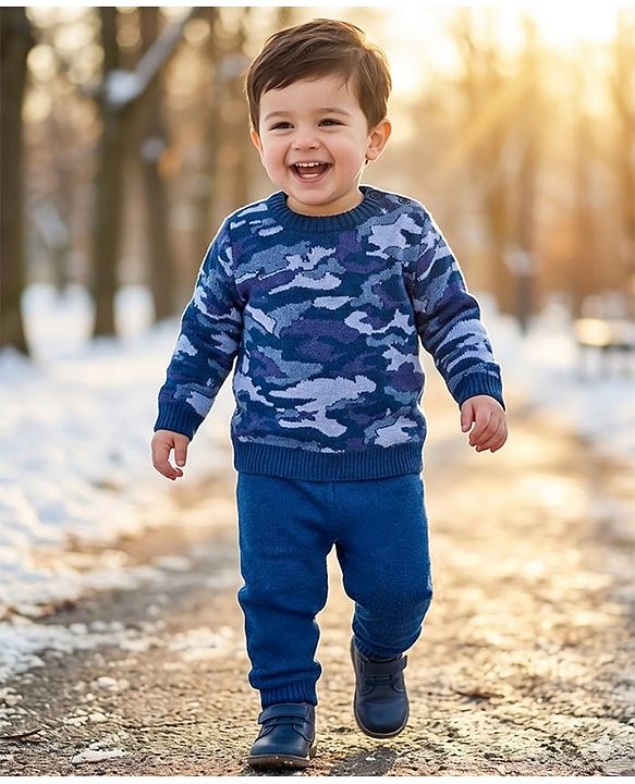 Babyhug Knit Full Sleeves Pullover Sweater Set with Camouflage Design - Navy Blue