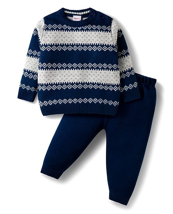 Babyhug Knitted Full Sleeves Striped Sweater Set - Navy Blue