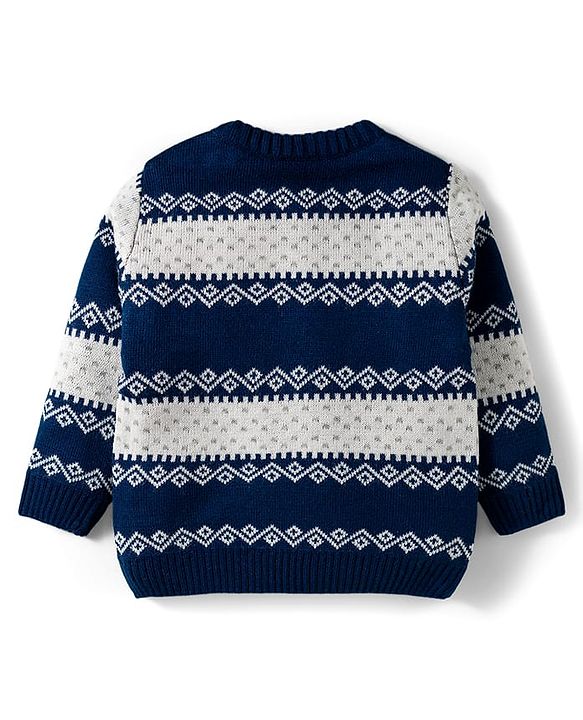 Babyhug Knitted Full Sleeves Striped Sweater Set - Navy Blue