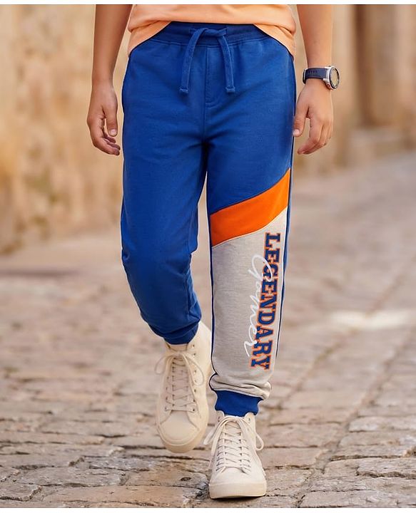 Pine Kids Knit Full Length Text Printed Lounge Pant With Cut & Sew Design - Navy Blue