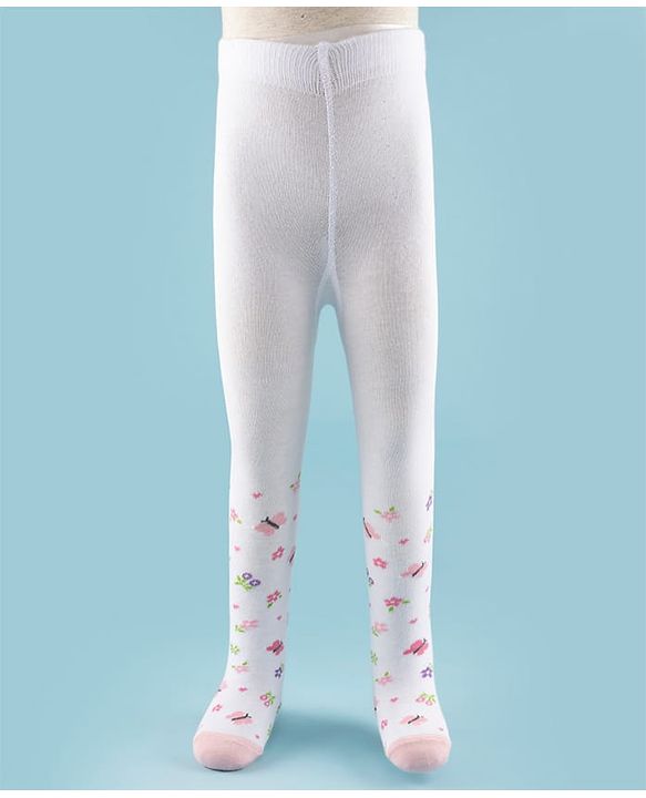 Cute Walk by Babyhug Knit Antibacterial Footed Tights with Butterfly Design - White