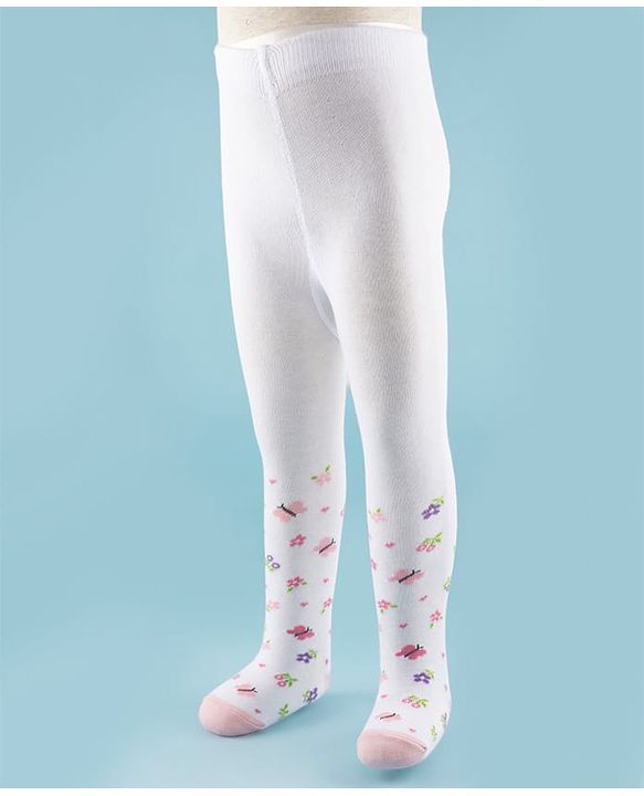 Cute Walk by Babyhug Knit Antibacterial Footed Tights with Butterfly Design - White
