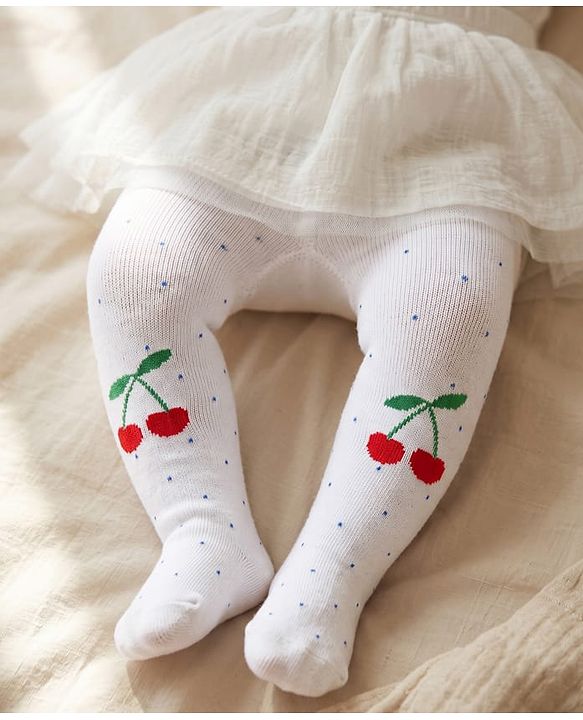 Cute Walk by Babyhug Knit Antibacterial Footed Tights with Cherry Design - White