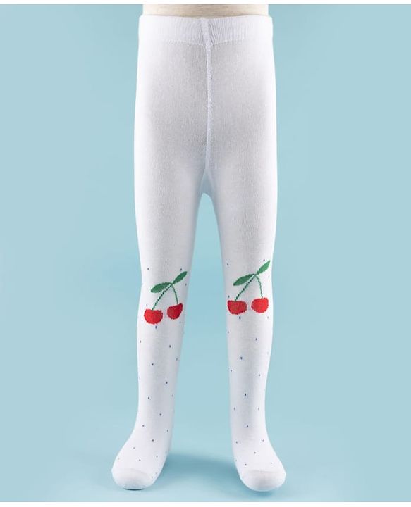Cute Walk by Babyhug Knit Antibacterial Footed Tights with Cherry Design - White