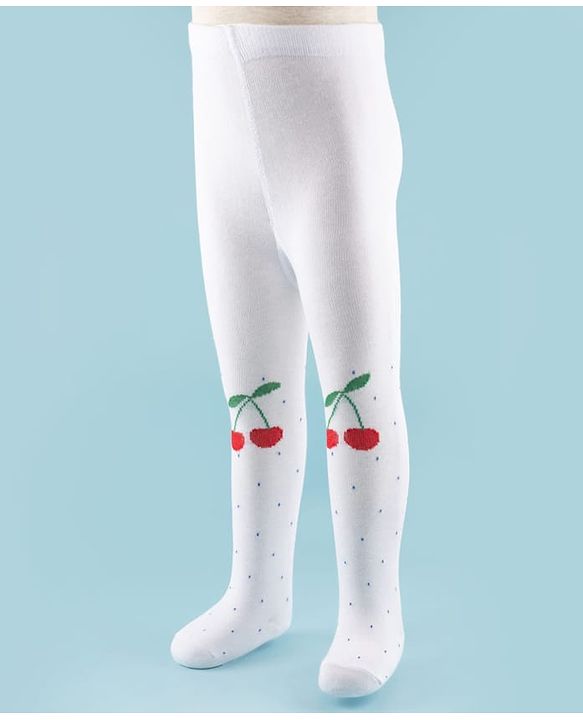 Cute Walk by Babyhug Knit Antibacterial Footed Tights with Cherry Design - White