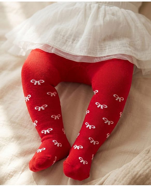 Cute Walk by Babyhug Knit Antibacterial Footed Tights with Bow Design - Red
