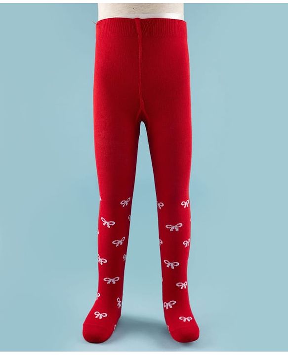 Cute Walk by Babyhug Knit Antibacterial Footed Tights with Bow Design - Red