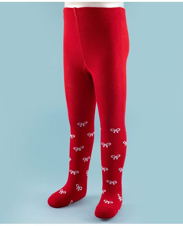 Cute Walk by Babyhug Knit Antibacterial Footed Tights with Bow Design - Red