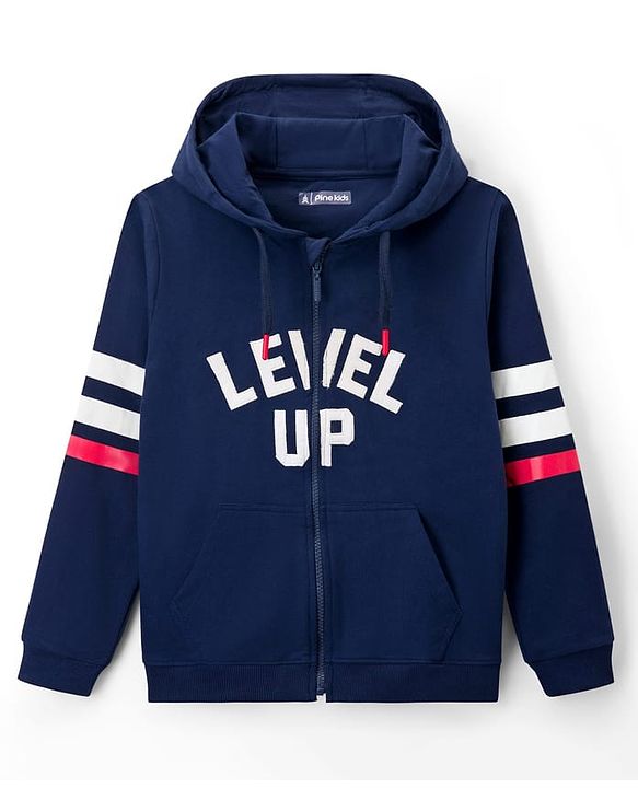 Pine Kids Cotton Knit Full Sleeves Hooded Sweatshirt with Text Patch Detailing - Navy Blue