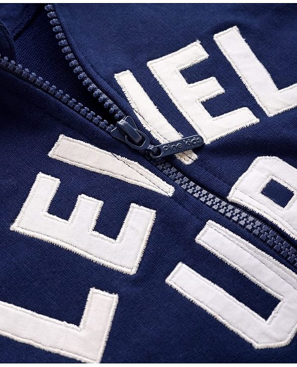 Pine Kids Cotton Knit Full Sleeves Hooded Sweatshirt with Text Patch Detailing - Navy Blue