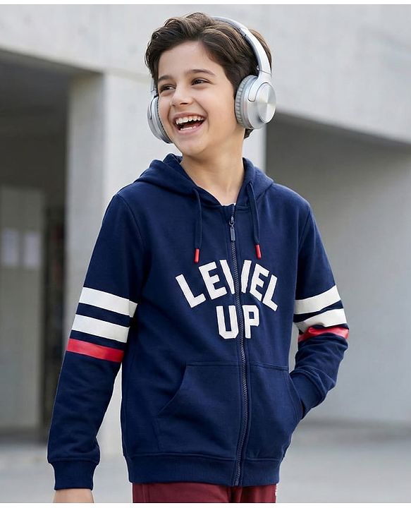 Pine Kids Cotton Knit Full Sleeves Hooded Sweatshirt with Text Patch Detailing - Navy Blue