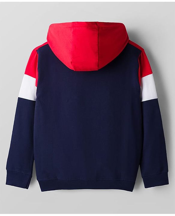 Pine Kids Cotton Knit Full Sleeves Hooded Sweatjacket With Space Shuttle Print & Kangaroo Pockets - Navy Blue & Red